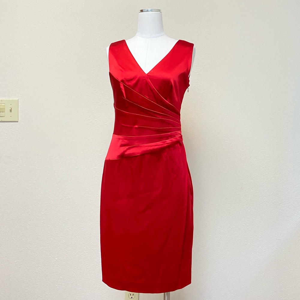 Calvin Klein V-neck Red Satin Pleated Dress